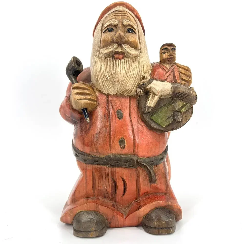 Vintage 80s Solid Wood Hand Carved Primitive Santa with Toy Sack and Pipe